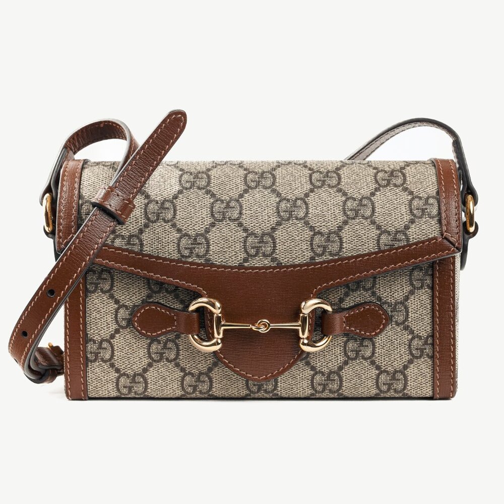 Gucci "Gucci Horsebit 1955" Beige & Dark Brown GG Supreme Mini Bag